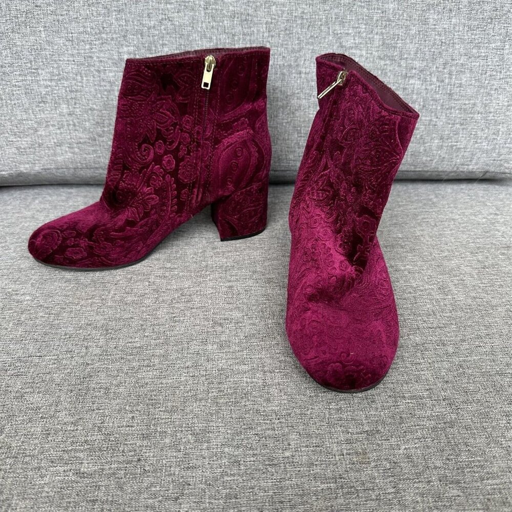 Women’s Velvet Embroidered Ankle Boots - Burgundy